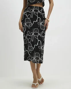 Black Floral Embroidered Midi Skirt