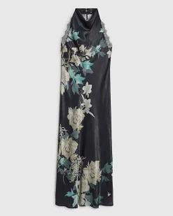 Black Floral Print Lace Trim Slip Dress