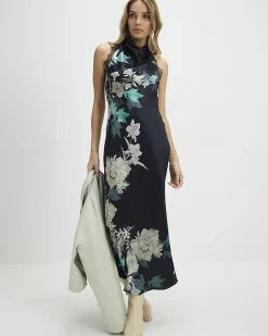 Black Floral Print Lace Trim Slip Dress
