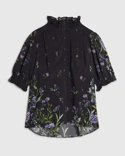 Black Floral Puff Sleeve Blouse