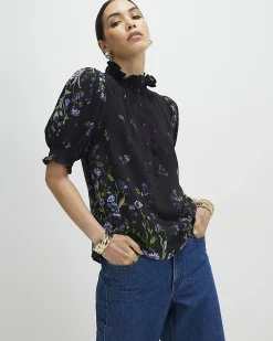 Black Floral Puff Sleeve Blouse