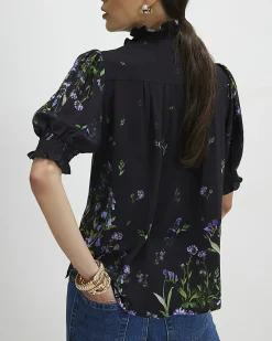 Black Floral Puff Sleeve Blouse