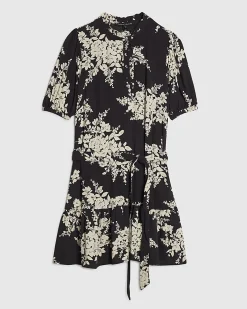 Black Floral Short Sleeve Belted Mini Dress