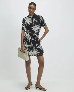Black Floral Short Sleeve Belted Mini Dress