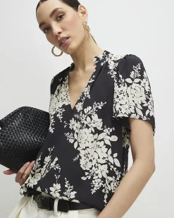 Black Floral Short Sleeve Top