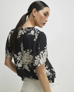 Black Floral Short Sleeve Top
