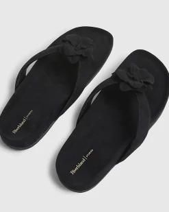 Black Flower Toe Thong Flat Sandals