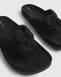 Black Flower Toe Thong Flat Sandals