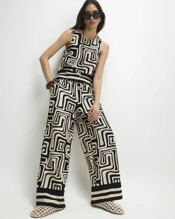 Black Geometric Linen Blend Wide Leg Trousers