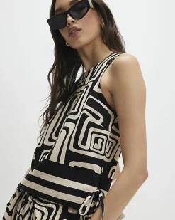 Black Geometric Print Linen Tank Top