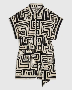 Black Geometric Print Linen Blend Playsuit