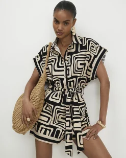 Black Geometric Print Linen Blend Playsuit