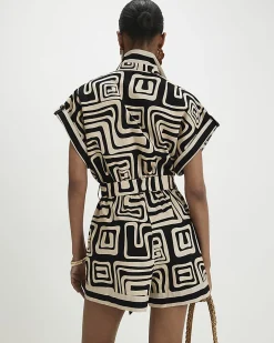 Black Geometric Print Linen Blend Playsuit