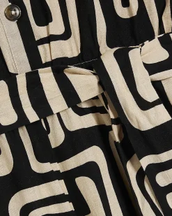 Black Geometric Print Linen Blend Playsuit