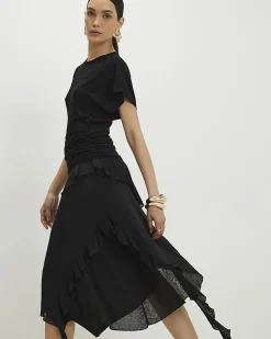 Black Hybrid T-Shirt Ruffle Midi Dress