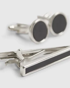 Black Inlay Cufflinks And Tiepin Set