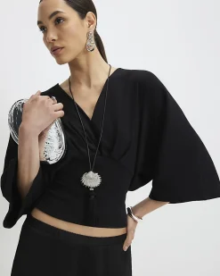 Black Kimono Sleeve Cotton Blend T-shirt