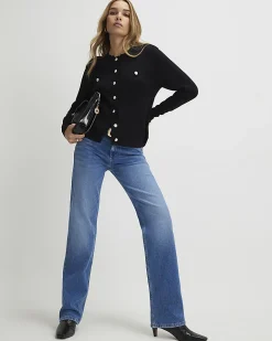 Black Knit Fitted Scallop Trim Cardigan