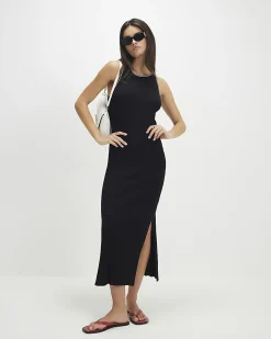 Black Knitted Racer Neck Ribbed Midi Dress