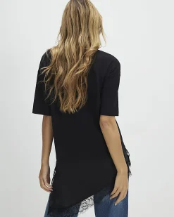 Black Lace Hem Aysmmetric T-Shirt