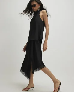 Black Lace Trim Asymmetric Midi Dress