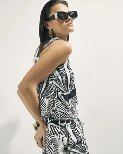 Black Linen Blend Palm Print Tank Top