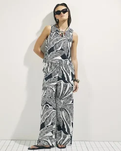 Black Linen Blend Palm Print Tank Top