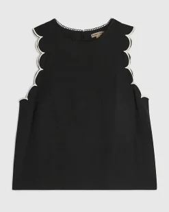 Black Linen Blend Scallop Trim Tank Top