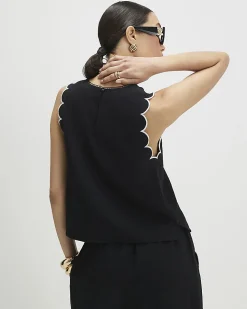 Black Linen Blend Scallop Trim Tank Top