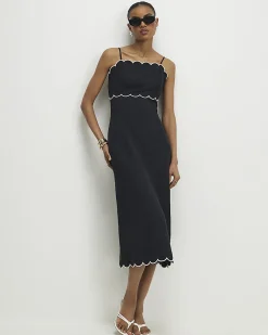 Black Linen Blend Scallop Trim Midi Dress