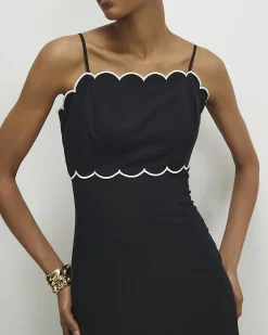 Black Linen Blend Scallop Trim Midi Dress