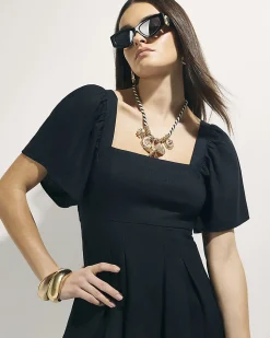 Black Linen Blend Shirred Mini Dress