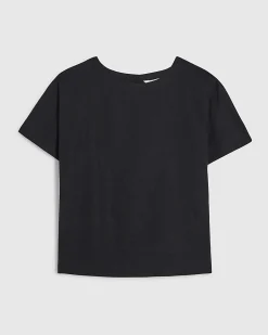 Black Linen Blend Short Sleeve Top