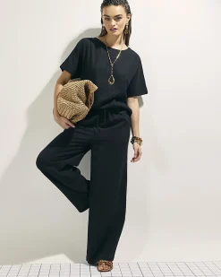 Black Linen Blend Short Sleeve Top