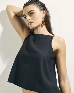 Black Linen Blend Sleeveles Tie Side Tank Top