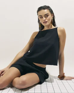 Black Linen Blend Sleeveles Tie Side Tank Top
