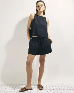 Black Linen Blend Sleeveles Tie Side Tank Top