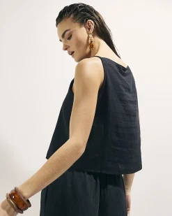 Black Linen Blend Sleeveles Tie Side Tank Top