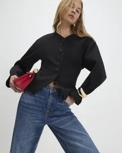 Black Long Balloon Sleeve Button Up Jacket