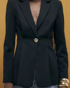 Black Long Sleeve Cinched Waist Blazer