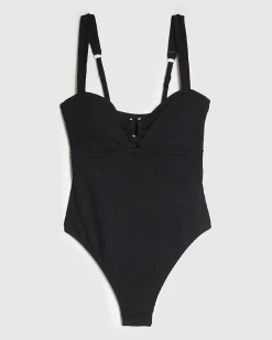 Black Metal Trim Textured Swimsuit