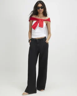 Black Mid Rise Wide Leg Tie Front Jeans