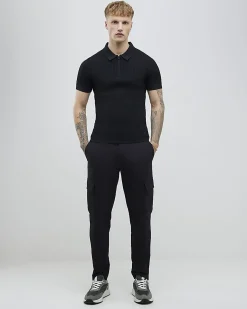 Black Muscle Fit Quarter Zip Polo Shirt