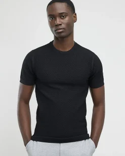 Black Muscle Fit Textured Knit T-shirt