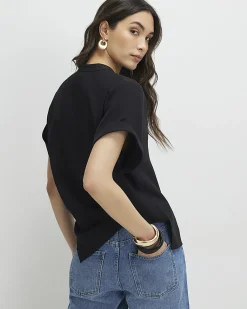 Black Notch Neck Short Sleeve Top