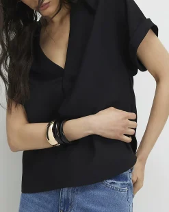 Black Notch Neck Short Sleeve Top