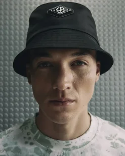 Black Nylon Badged Bucket Hat