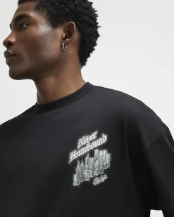 Black Oversized Cotton City Glitter T-Shirt