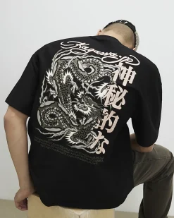 Black Oversized Cotton Dragon Graphic T-Shirt