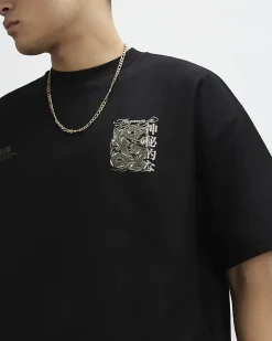 Black Oversized Cotton Dragon Graphic T-Shirt